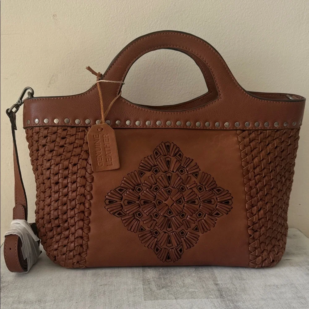 Made in India Woven Brown Leather Med Handbag Crossbody Metal Studs Unique